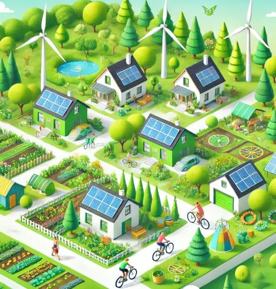Illustration of a green neighbourhood with solar roofs, wind turbines, gardens and cycle paths