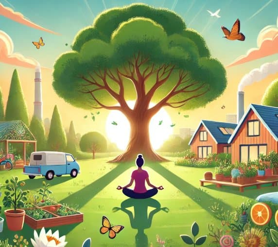 Illustration of a person meditating beneath a large tree beside a home and garden
