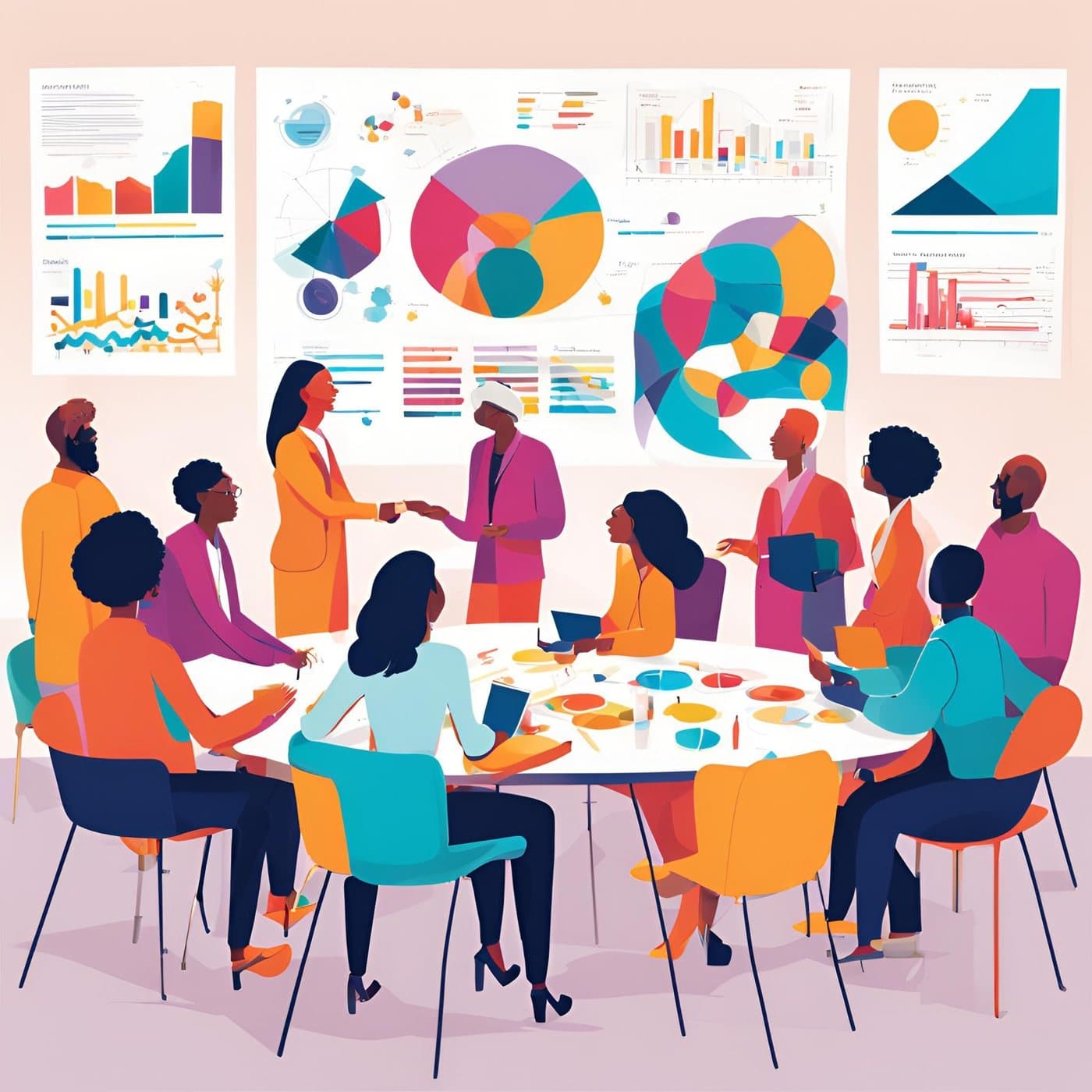 Illustration of people working together around a table covered in charts